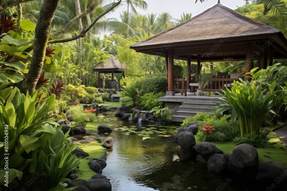 Balinese Garden. Tranquil tropical garden with a wooden gazebo and pond surrounded by lush greenery.
