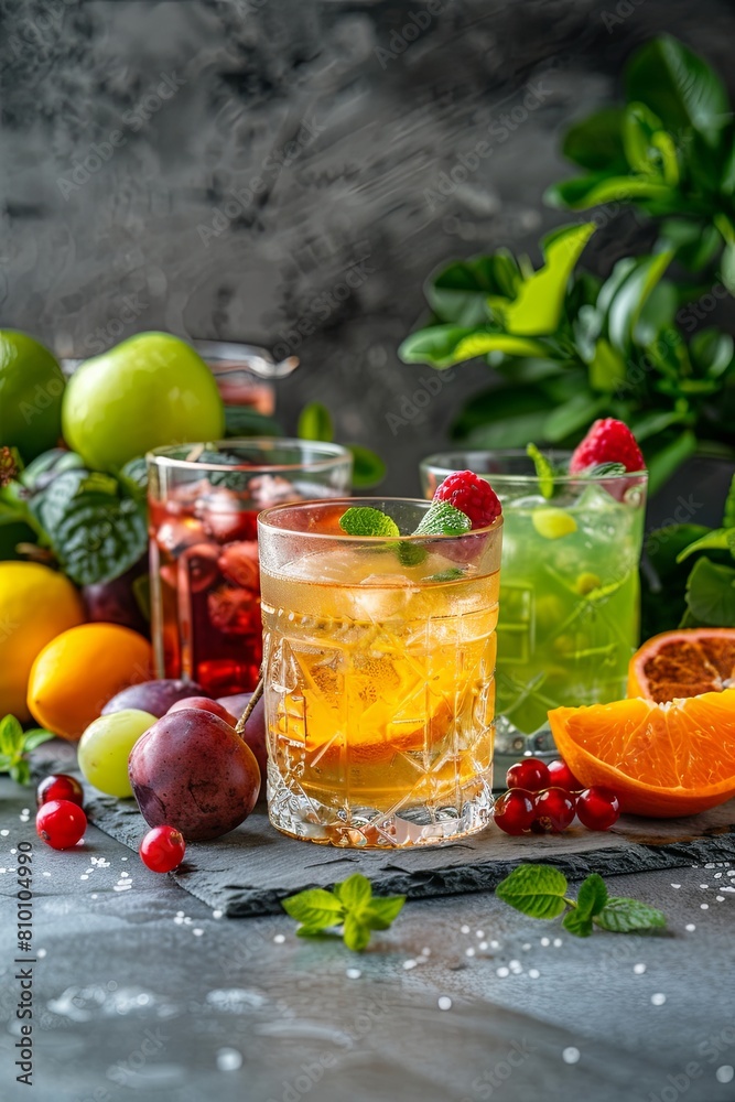 Composition with glasses of assorted fruit juices Composition with glasses of assorted fruit juices