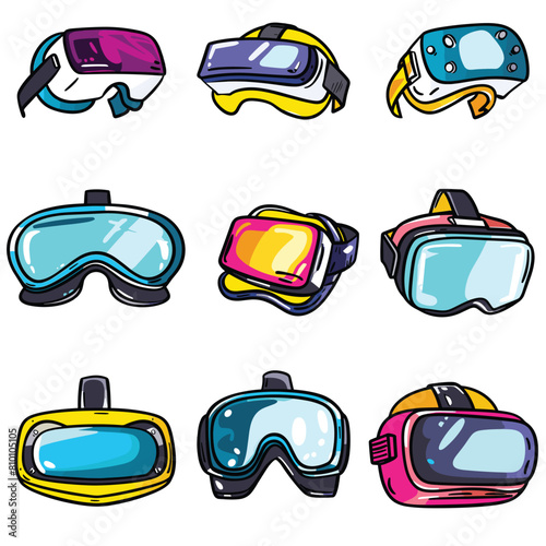 Collection colorful VR goggles different styles, virtual reality designs. Various VR, technology gear immersive experience, gaming equipment. Selection virtual reality glasses