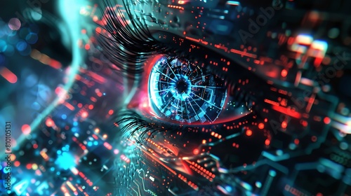 the unblinking gaze of a hacker's eye or AI robot's sensor pierces through the digital ether, photo