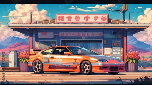 Carro esportivo em uma estrada no Japão em arte cartoon photo