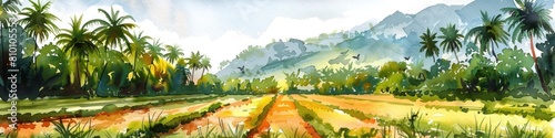 Vibrant Spice Plantation Landscape in Tropical Watercolor Drawing Style
