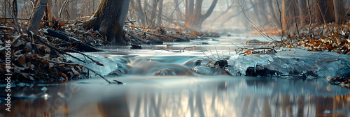 The tranquil flow of a watershed in early spring, with melting ice and budding trees, captured with a clarity filter to enhance the crisp details photo