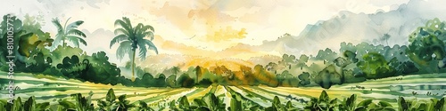 Vibrant Tropical Spice Plantation Landscape in Watercolor Drawing Style