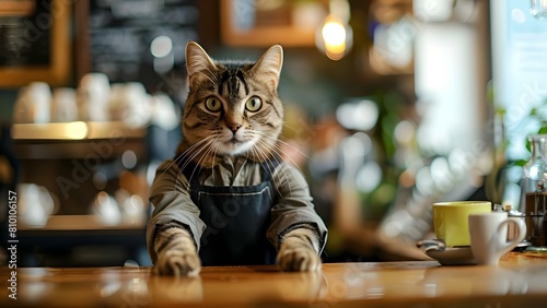 A cat in a barista uniform serving coffee at a cafe. Concept Feline Barista, Cat Cafe, Coffee Cat, Cute Pets, Barista Uniform