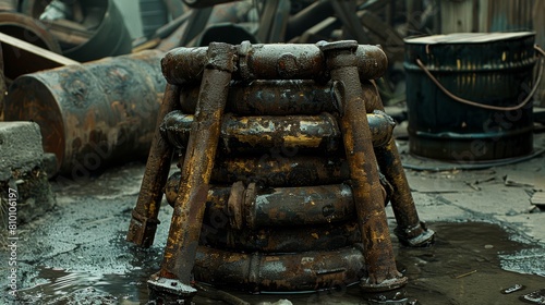   A collection of rusted pipes align on grubby ground, near a grouping of trash cans photo