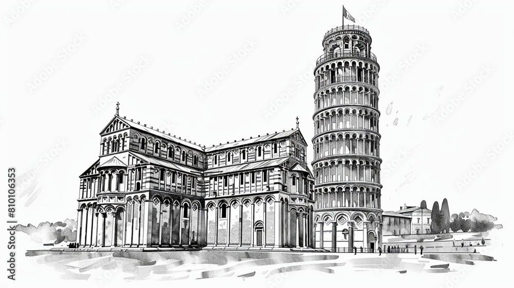 A black and white hand-drawn sketch of the Leaning Tower of Pisa on a white background, reflecting architectural drawing