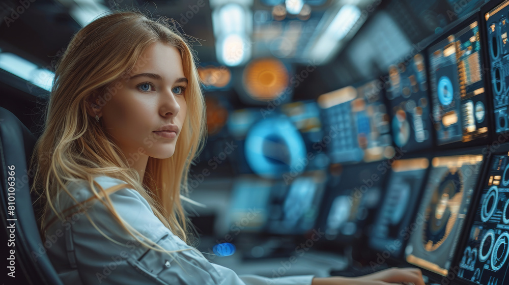 A young professional women sitting on an office chair in front of a computer screen. She is engaged in finite element calculations for a space ship structure with stresses. Generative AI. A young professional women sitting on an office chair in front of a computer screen. She is engaged in finite element calculations for a space ship structure with stresses. Generative AI.
