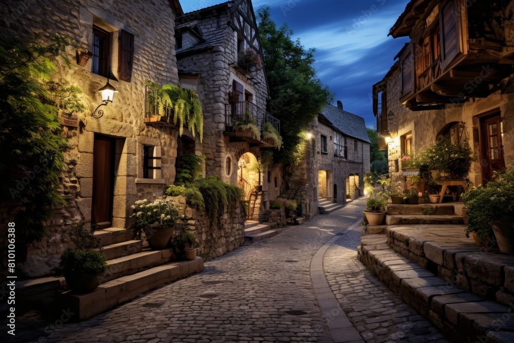 A Picturesque Village Plaza at Twilight with Glowing Lanterns and Historic Stone Buildings
