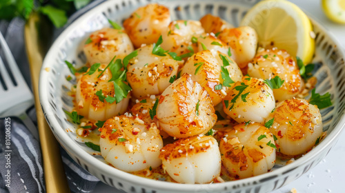 gourmet butter garlic scallops in a bowl with parsley