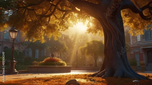 Autumn in the park, park with big banyan tree benches in the afternoon golden hour, sunny day in the outdoor Generative AI