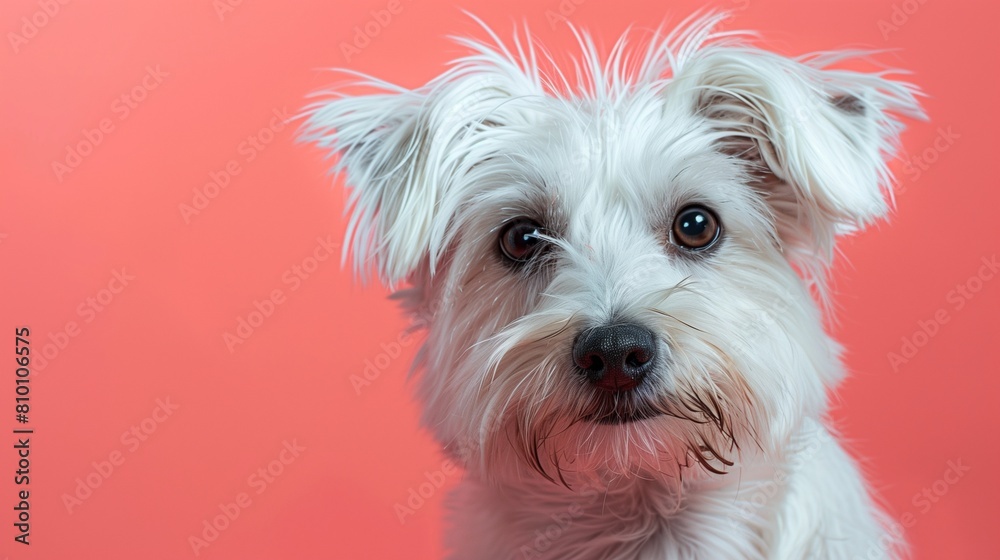Vibrant Portrait of a Pure White Dog on a Coral Pink Art Gallery, Featuring High Resolution and Photorealistic Detail