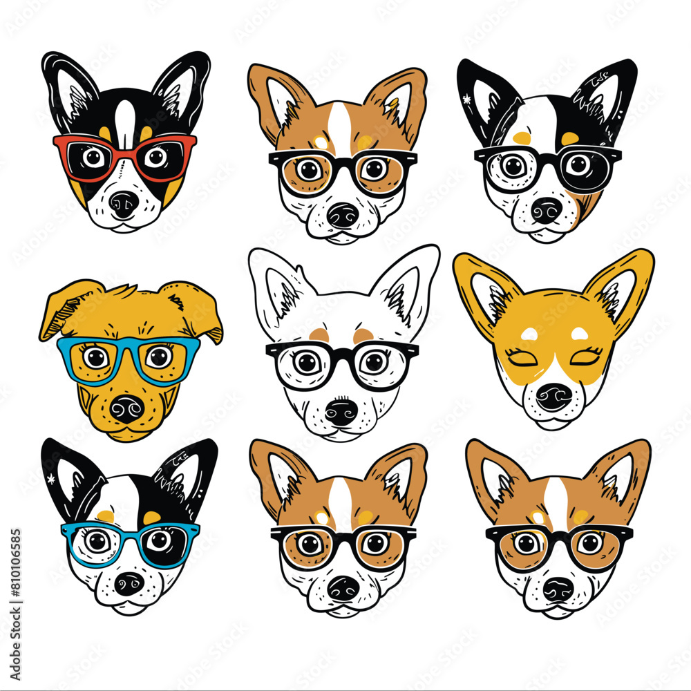 Nine cartoon dogs wearing glasses, colorful eyewear, diverse expressions. Cute dog faces, various breeds, hipster glasses collection, handdrawn style. Playful canine characters, illustration pets Nine cartoon dogs wearing glasses, colorful eyewear, diverse expressions. Cute dog faces, various breeds, hipster glasses collection, handdrawn style. Playful canine characters, illustration pets
