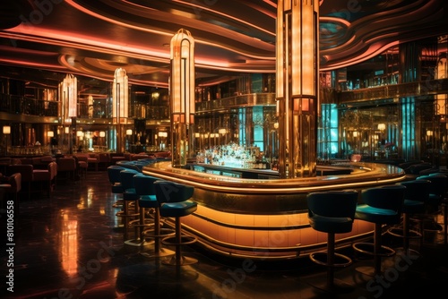 An Urban Oasis  A Sophisticated Art Deco Bar Aglow with Neon Lights and Chic City Dwellers
