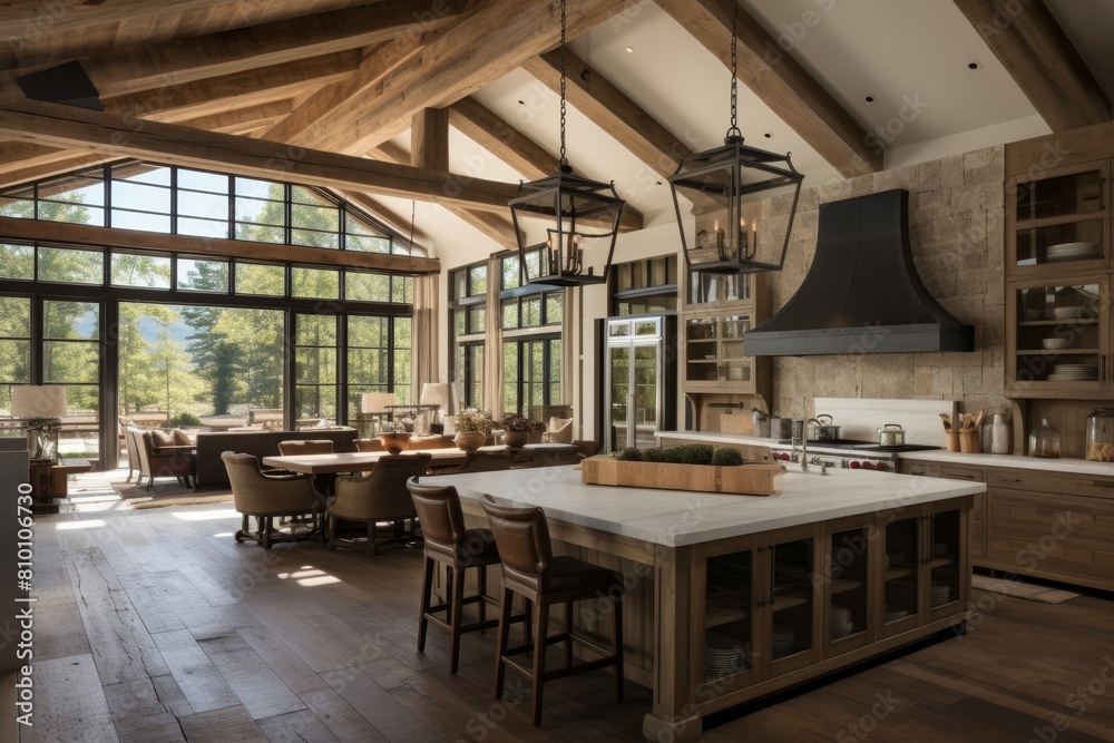 A Contemporary Country-Style Kitchen with Vintage Touches and a Spacious Wooden Island Under Hanging Lights