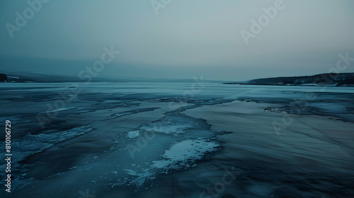 Twilight over a frozen lake in a permafrost area, with thin ice sheets forming abstract patterns, shot in ultra HD to capture the serene atmosphere