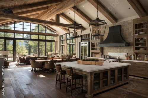 A Contemporary Country-Style Kitchen with Vintage Touches and a Spacious Wooden Island Under Hanging Lights