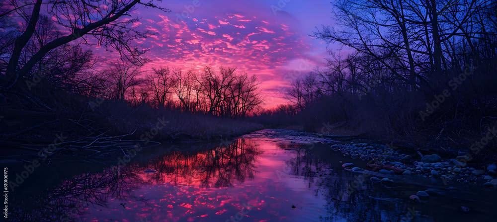 Twilight over a gentle brook, the sky painted in shades of pink and purple, reflecting on the water amidst the silhouette of trees Twilight over a gentle brook, the sky painted in shades of pink and purple, reflecting on the water amidst the silhouette of trees