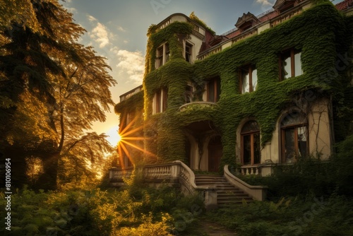 The Faded Elegance of an Overgrown Art Nouveau Mansion at Sunset