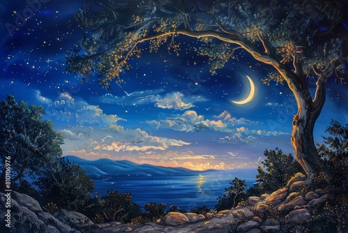 Moonlit Night: a serene night scene with a crescent moon shining brightly in the sky, symbolizing the significance of moon worship during Teej photo