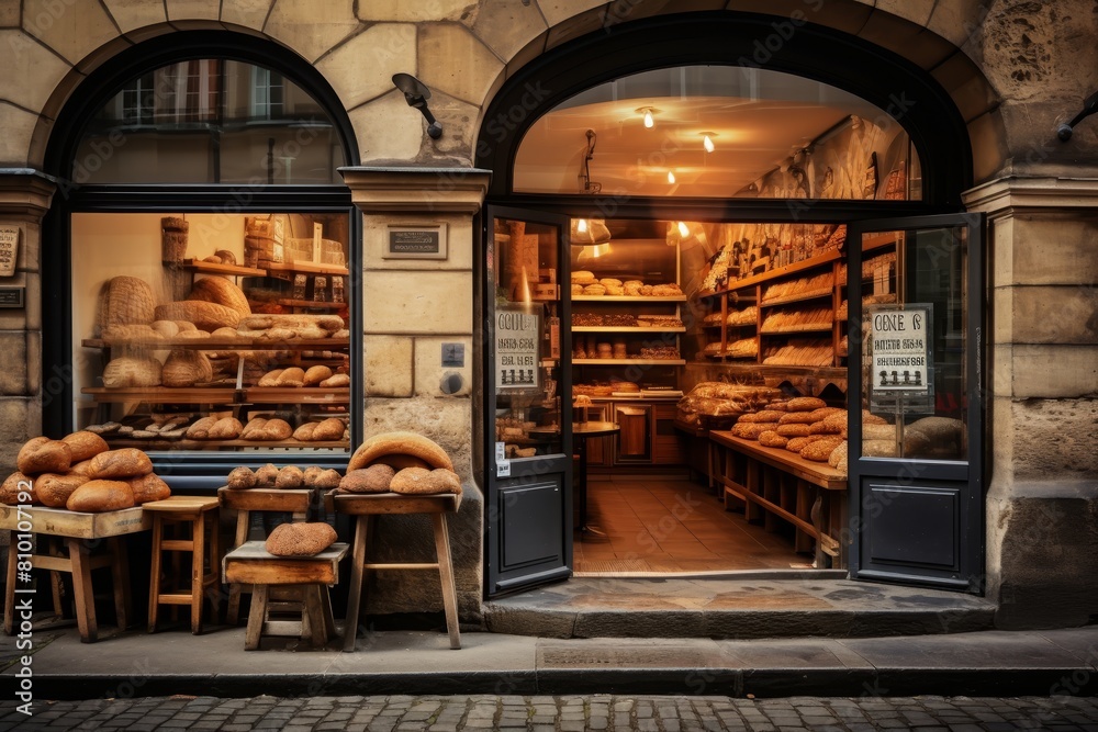 Old-World Charm: A Rustic European Bakery with a Wood Oven and Freshly Baked Goods on a Cobblestone Street Old-World Charm: A Rustic European Bakery with a Wood Oven and Freshly Baked Goods on a Cobblestone Street