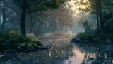 Twilight over a serene forest stream, with the last light of the day reflecting off the smooth water surface
