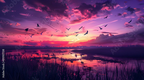 Twilight over a serene floodplain, the sky painted with shades of purple and pink, and the silhouettes of birds returning to their nests photo