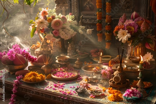 Offerings to Lord Shiva: An altar or shrine adorned with offerings such as flowers, fruits, and incense, dedicated to Lord Shiva, a central figure in Teej celebrations