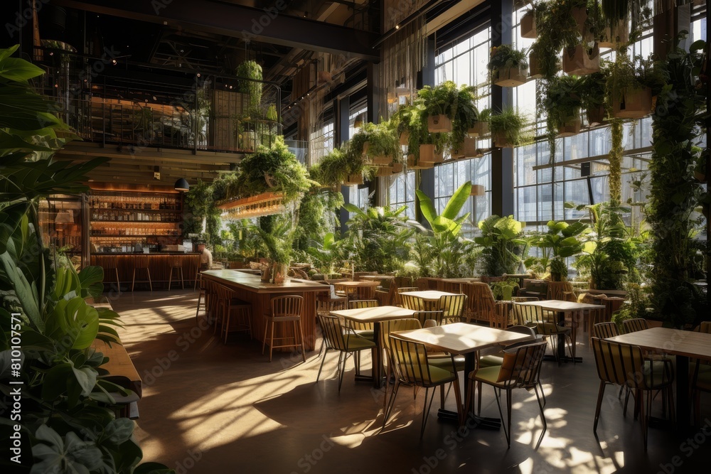 Obraz premium Urban Oasis: A Greenhouse Cafe Filled with Exotic Flora and Bathed in Natural Light