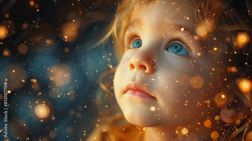 Portrait of a little girl looking in the sky. Sunshine. Banner, copy space, generative AI Portrait of a little girl looking in the sky. Sunshine. Banner, copy space, generative AI