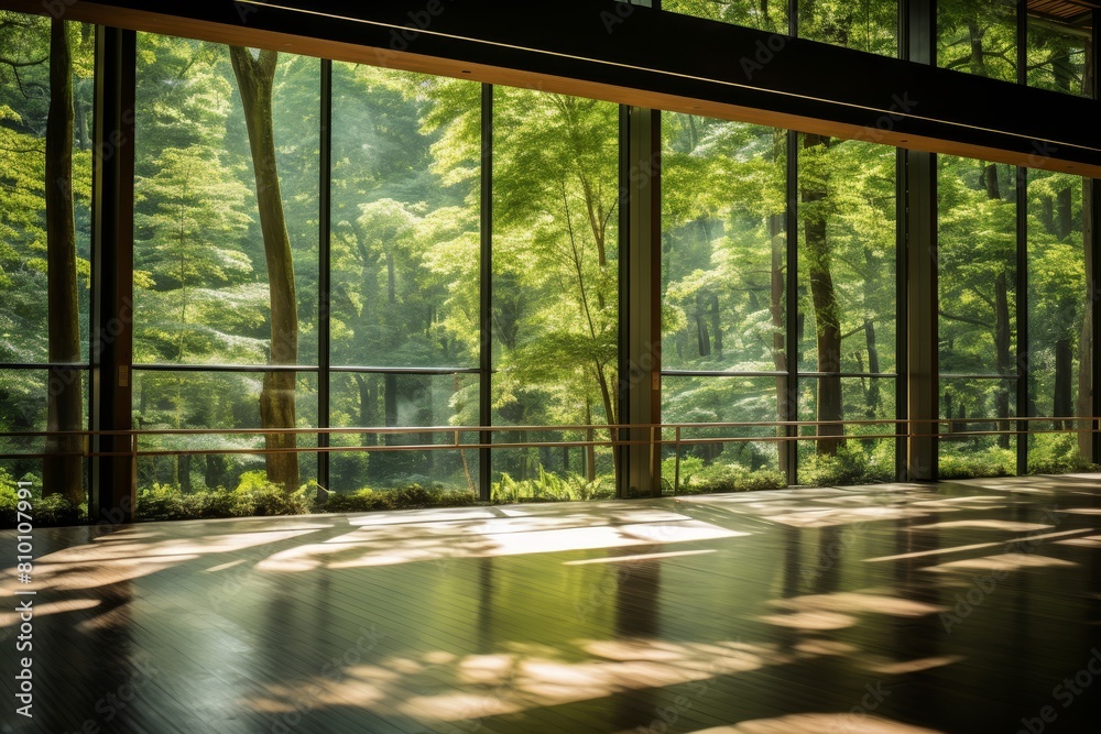 A Serene Yoga Space Surrounded by Verdant Forest and Enhanced with Nature-Inspired Decor