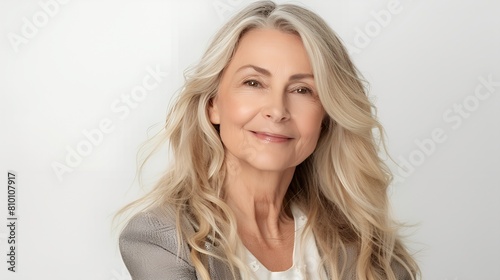 Smiling middle aged woman , advertising anti aging skin care for face and body, minimalistic background