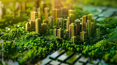 green city model with skyscrapers emerging among trees