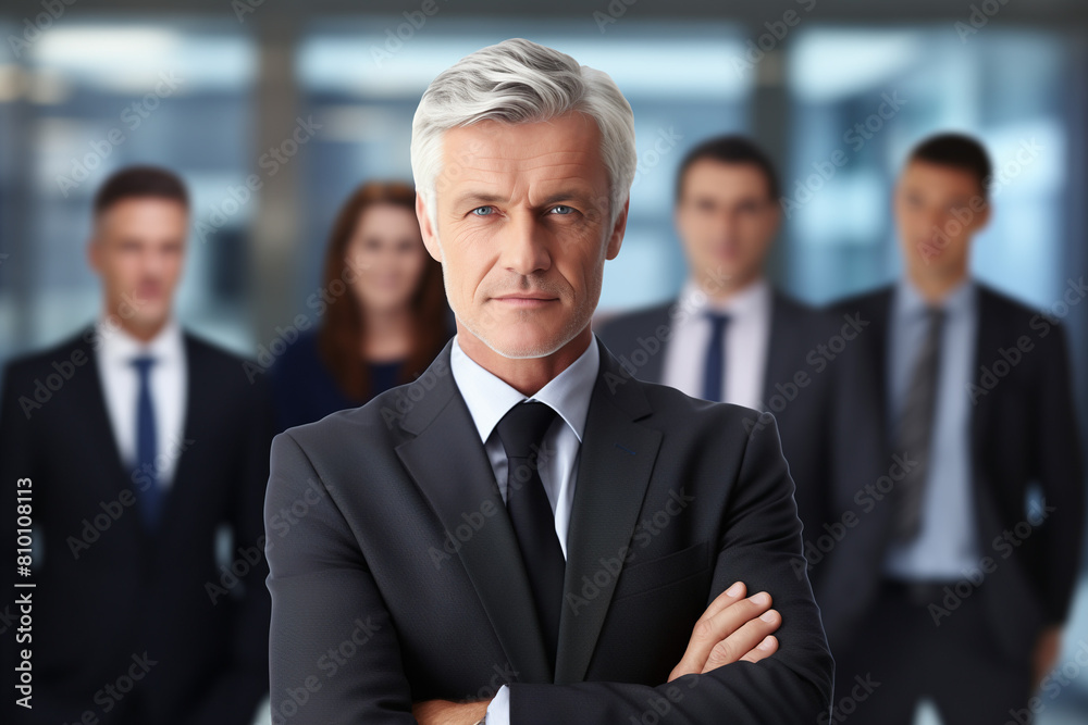 Mature businessman with colleagues in the background Mature businessman with colleagues in the background