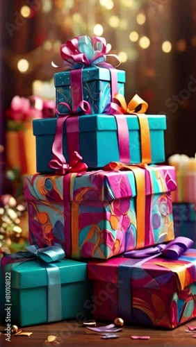 Christmas gift boxes, birthday gifts, anniversary presents, box full of surprises, colorful decorated gift boxes Generative AI