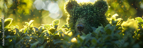 Ultra HD close-up of a hedge shaped into a bear, focusing on the depth and texture of the foliage, with sunlight filtering through the leaves creating a vivid play of light