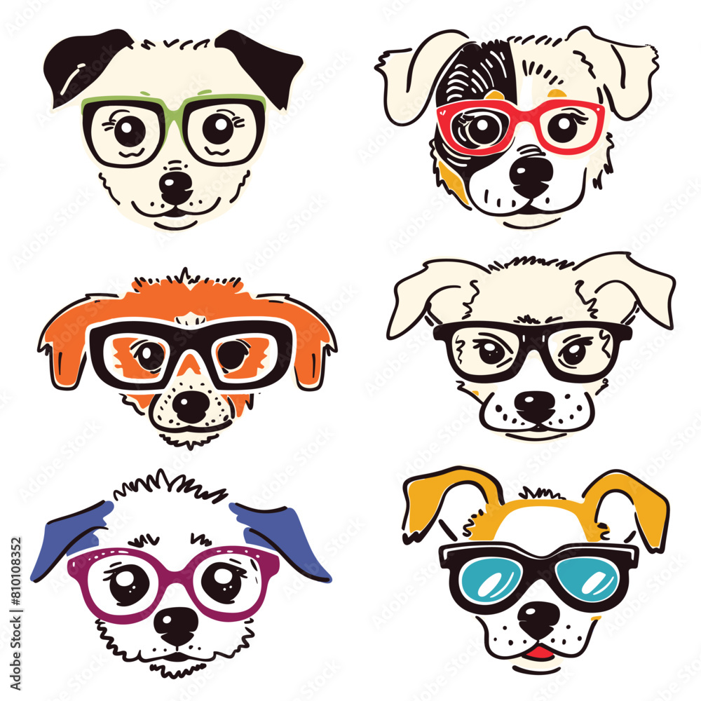 Six stylized dog faces wearing different glasses. Cartoon dogs portrayed unique eyewear, colors vary, expressing playful charm. Hipster dogs illustrated fashionable glasses, sketched lines