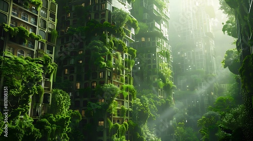 green-clad skyscrapers with vertical gardens in urban setting