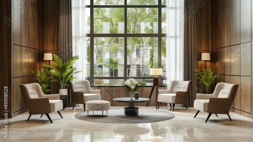 Lobby interior with armchairs in row and coffee table  window. Mock up wall realistic