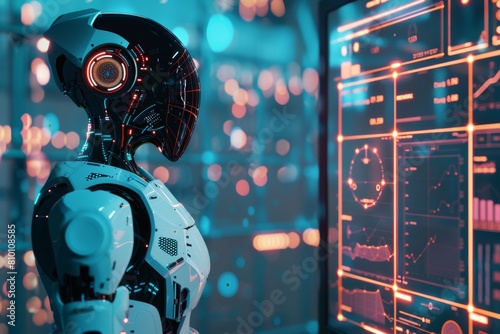 Robot using AI algorithms to analyze data on a digital screen