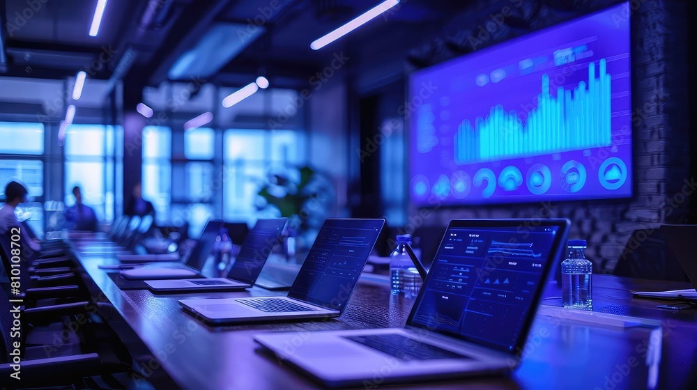 Formal business review meeting, presenting yearend success, graphs showing growth, proud team, wellprepared Formal business review meeting, presenting yearend success, graphs showing growth, proud team, wellprepared