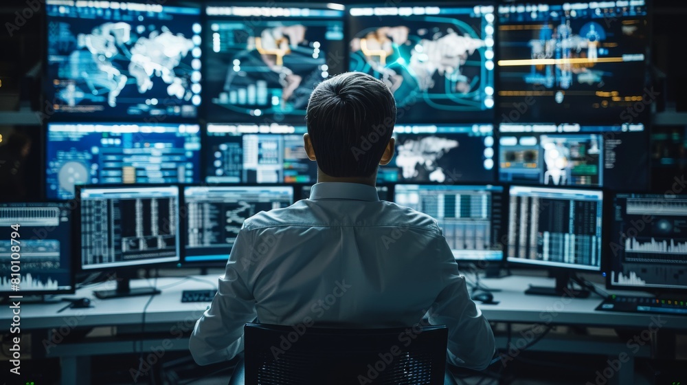 Operator working in the System Control Center. Technical data is displayed on multiple screens. Generative AI. Operator working in the System Control Center. Technical data is displayed on multiple screens. Generative AI.