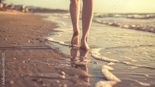 woman legs walking in sand beach at sunset