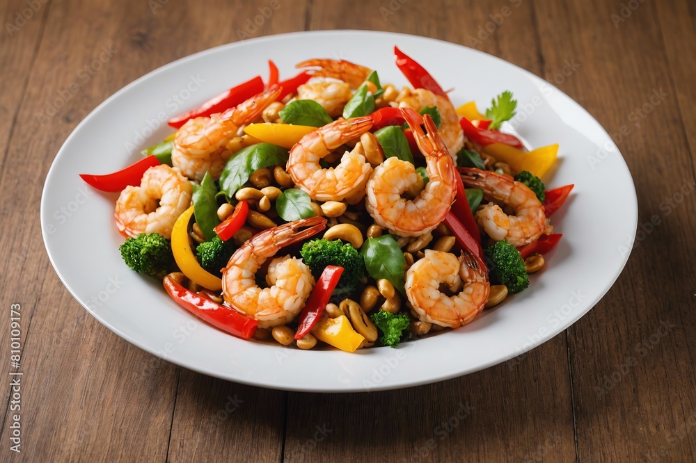 Stir fried crispy shrimp with cashew nuts and sweet pepper in white plate.Thai food not spicy. Stir fried crispy shrimp with cashew nuts and sweet pepper in white plate.Thai food not spicy.