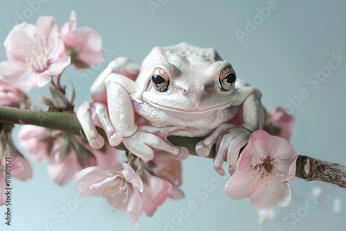 Australian white tree frog sitting on flowers photo