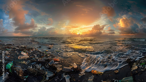 A panoramic shot of a beach littered with plastic waste washed ashore from a boiling sea, highlighting the interconnectedness of climate change and pollution photo
