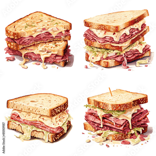 Mouthwatering Reuben sandwiches stacked with corned beef, melted cheese, sauerkraut, and rye bread. A classic deli favorite perfect for cafes, restaurants, and food photography.