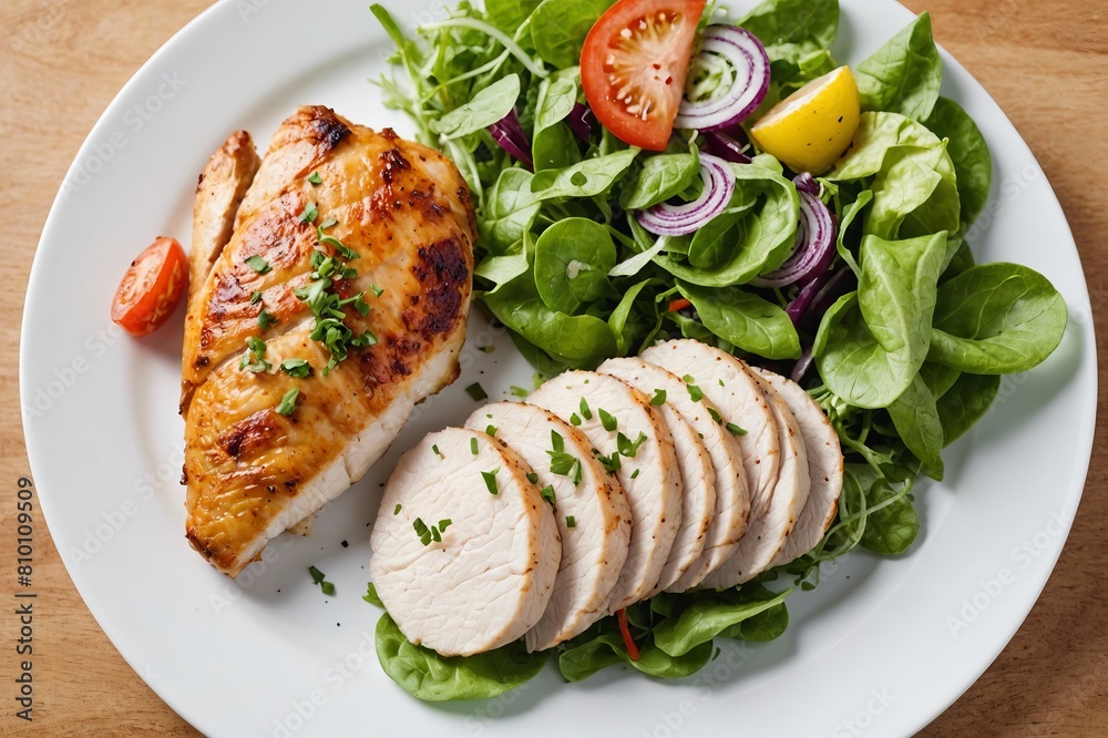Chicken fillet with salad. Healthy food, keto diet, diet lunch concept. Top view on white background. Chicken fillet with salad. Healthy food, keto diet, diet lunch concept. Top view on white background.