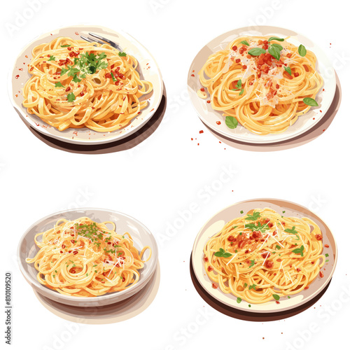 Hand-drawn vector illustrations of spaghetti dishes with herbs, bacon, and cheese. Perfect for restaurant menus, food blogs, Italian cuisine designs, and culinary projects.