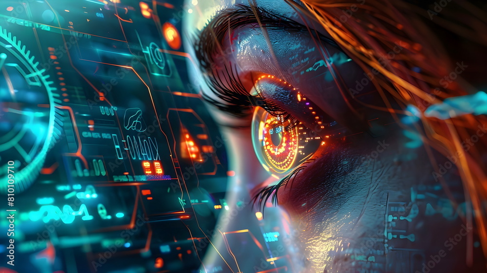 Fototapeta premium closeup of Futuristic Interface woman Eye, Digital Overlay Vision Technology Concept